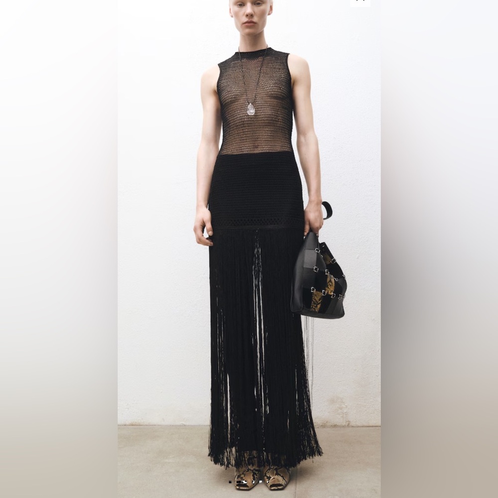 Mango Black Fringe Maxi Dress with lace details
